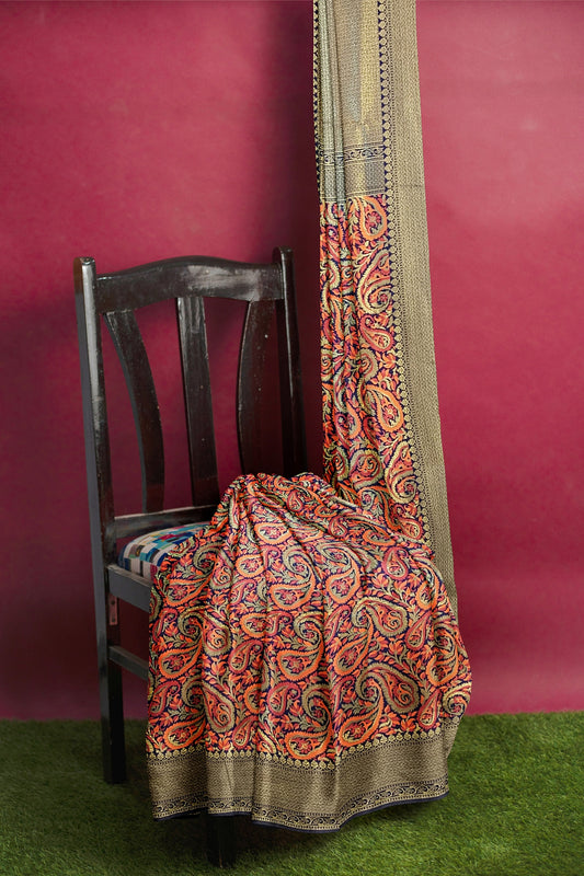 Exquisite Maroonish Brown Banarasi Saree with Copper Zari Antique Floral Meenakari and Midnight Blue Pallu