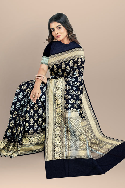 VLS-403 Handloom Black Saree with Golden Leaf Design – Elegant Banarasi Weaving