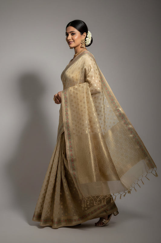 ✨ VLS 475 – Off-White Soft Silk Banarasi Handloom Saree with Meenakari Border ✨