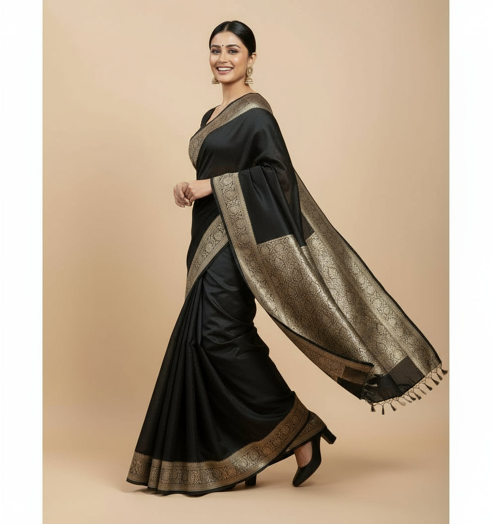 🖤 Exclusive Black Double Katan Silk Saree 🖤  Code: VLS-444 | Exclusive on ZARIPALLU