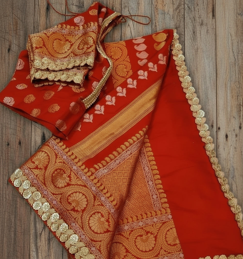 👑 VLS 464 – Banarasi Nita Ambani Inspired Designer Saree Red Katan Soft Silk with Elegant Lace Border & Bootidar Blouse