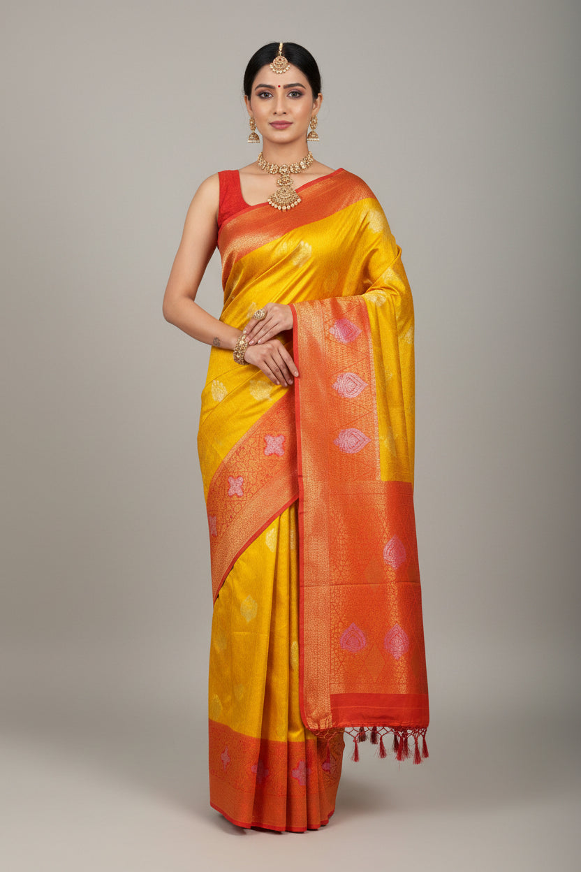 💛❤️ VLS 495 – Soft Katan Silk Saree with Silver Zari Boota
