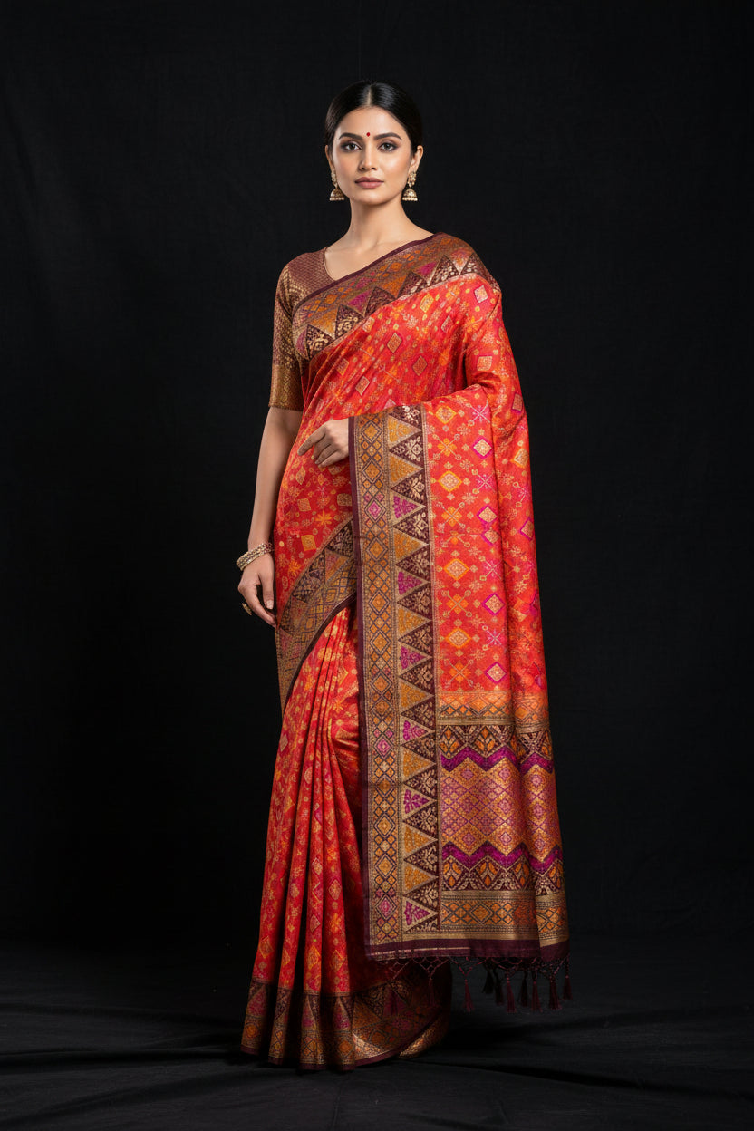 💖 VLS 493 – Rose Pink Soft Silk Saree with Dark Maroon Contrast Patola Weaving