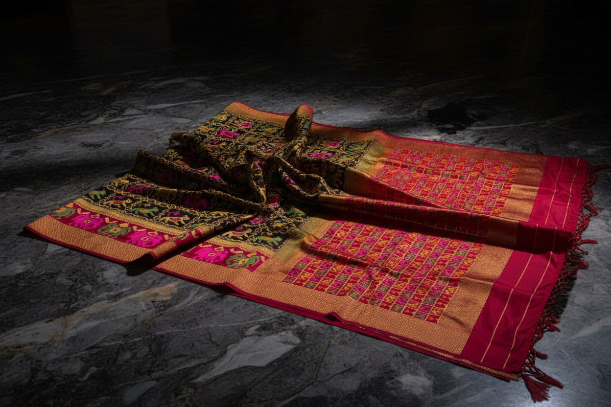 🤎 VLS 494 – Golden Brown Soft Silk Saree with Patola Design
