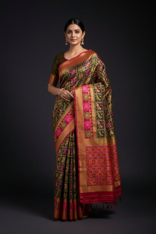🤎 VLS 494 – Golden Brown Soft Silk Saree with Patola Design