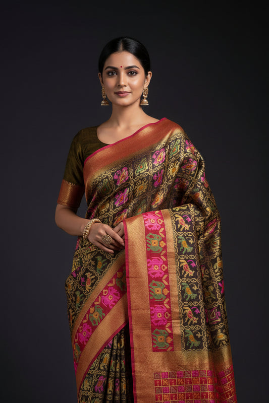 🤎 VLS 494 – Golden Brown Soft Silk Saree with Patola Design