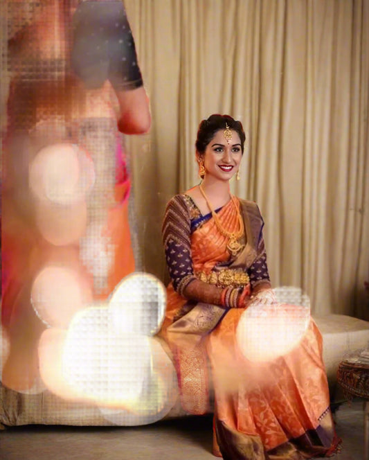 VLS-393 | Orange with Blue Border Kanjivaram Celebrity Inspired Silk Saree