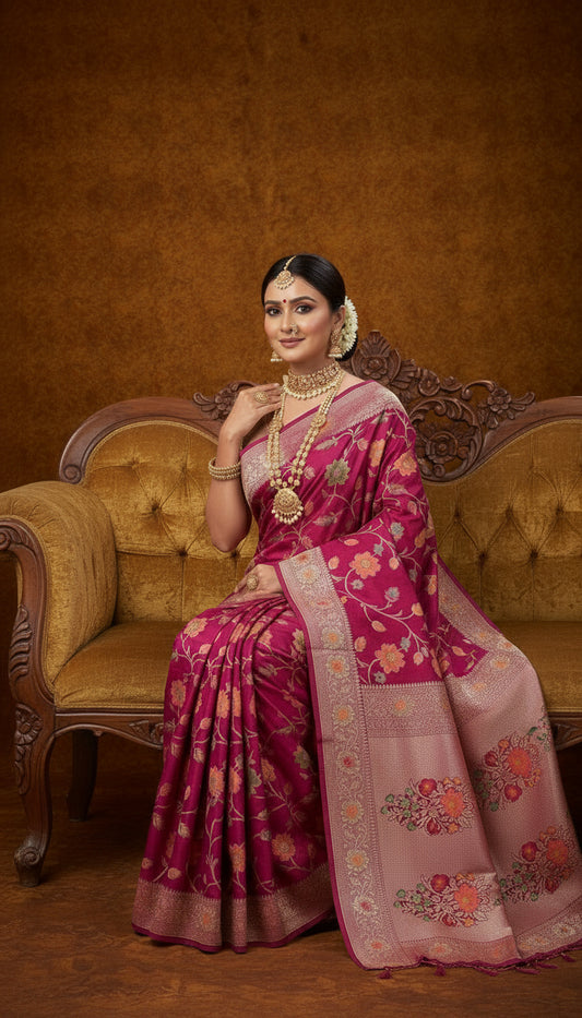 Pure Handloom Tilfi Meenakari Khaddi Moonga Georgette Saree