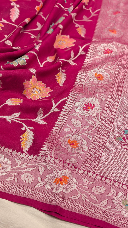 Pure Handloom Tilfi Meenakari Khaddi Moonga Georgette Saree