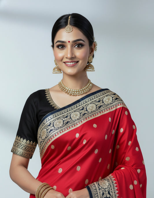 Red with Black Mashru Katan Silk Saree – Royal Elegance (VLS 451)