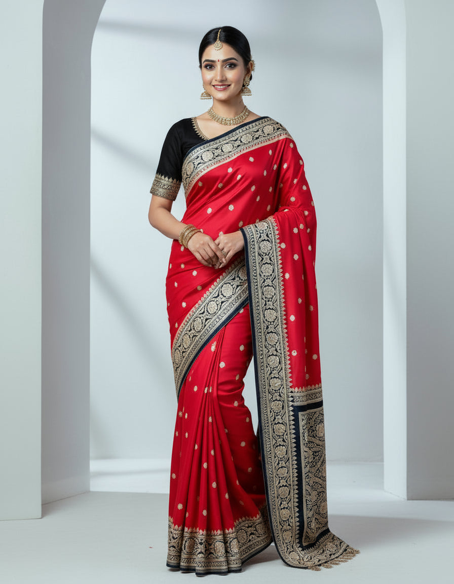 Red with Black Mashru Katan Silk Saree – Royal Elegance (VLS 451)