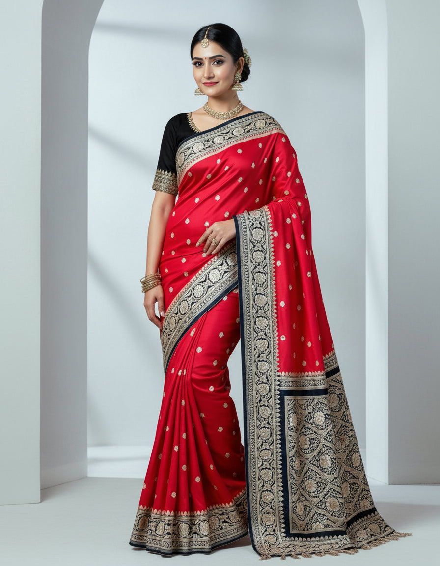 Red with Black Mashru Katan Silk Saree – Royal Elegance (VLS 451)
