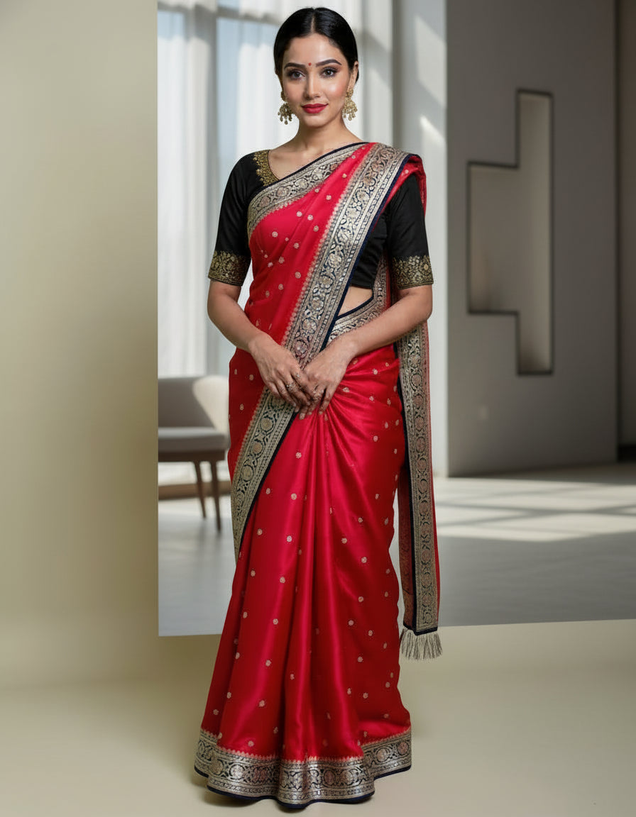 Red with Black Mashru Katan Silk Saree – Royal Elegance (VLS 451)
